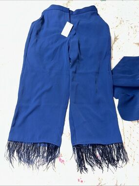 Wayf Royal Blue Fringe-Hem Wide Leg Pants